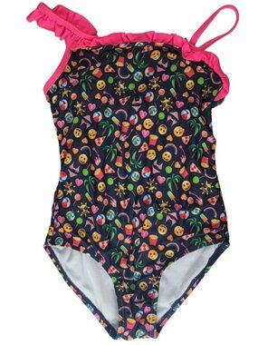 Emoji Girls One Shoulder Bathing Suit Swimsuit Black Size 6 6X Ruffle One Piece